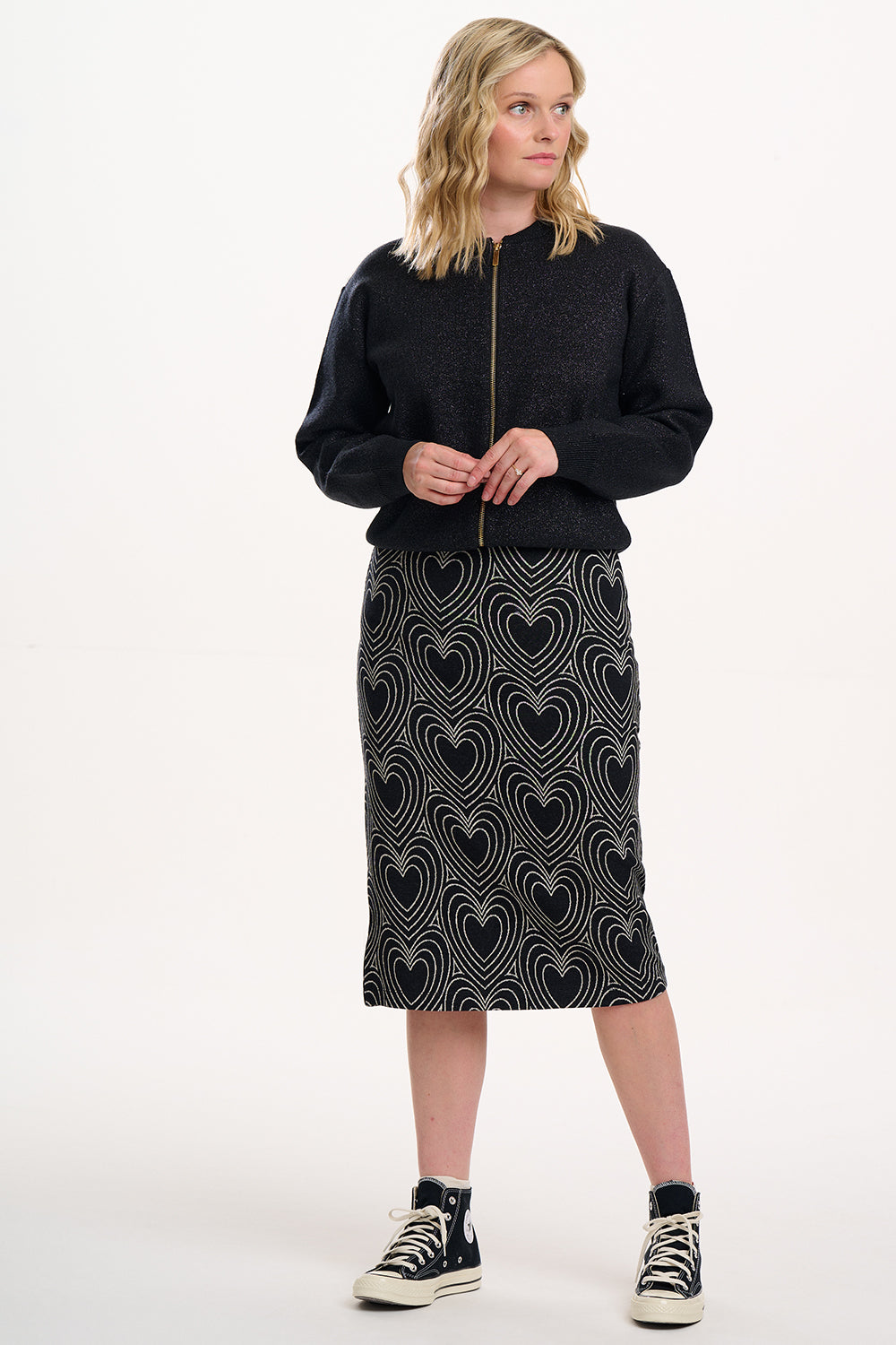 Faith Jersey Jacquard Midi Skirt - Black/Off White, Heart Explosion